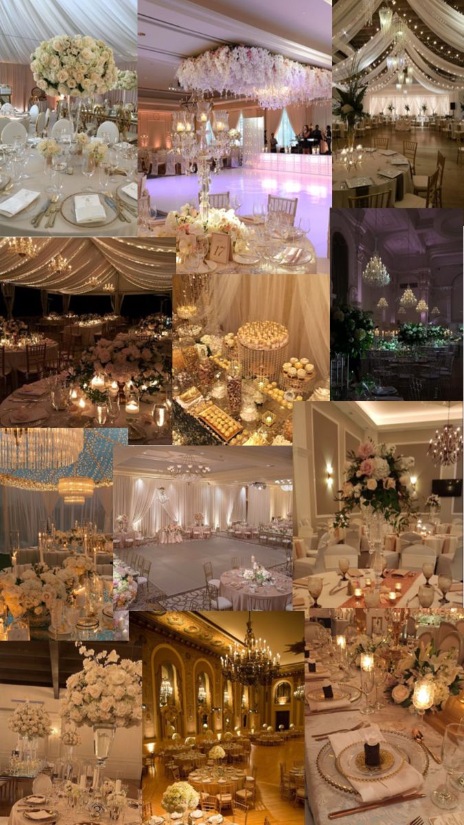 a collage of pictures with tables, chairs and chandeliers