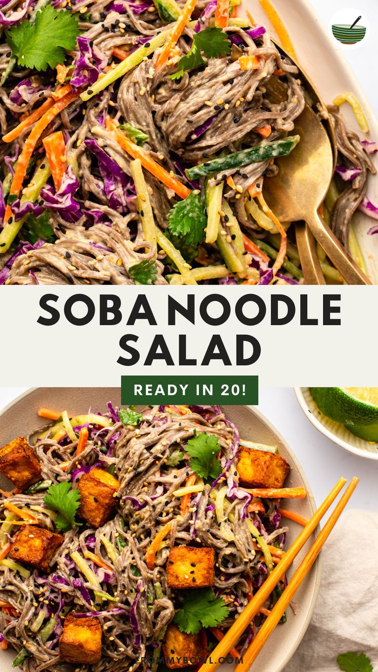 this salad has tofu, cabbage and carrots in it with the words sobnoodle salad ready in 20 minutes