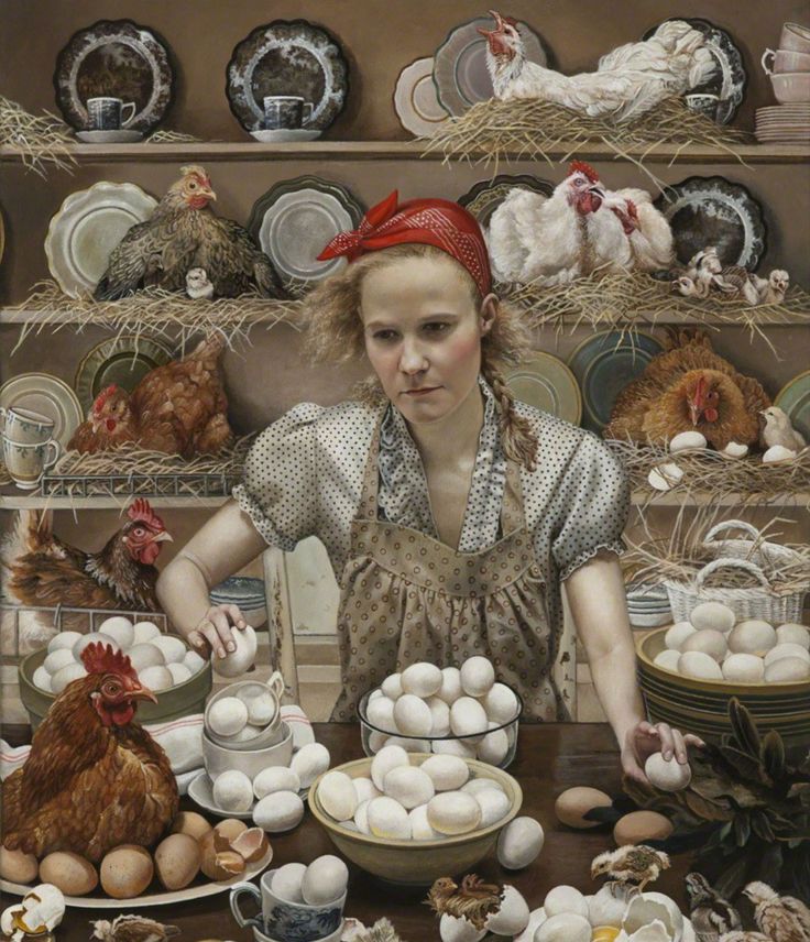 a painting of a woman standing in front of some eggs