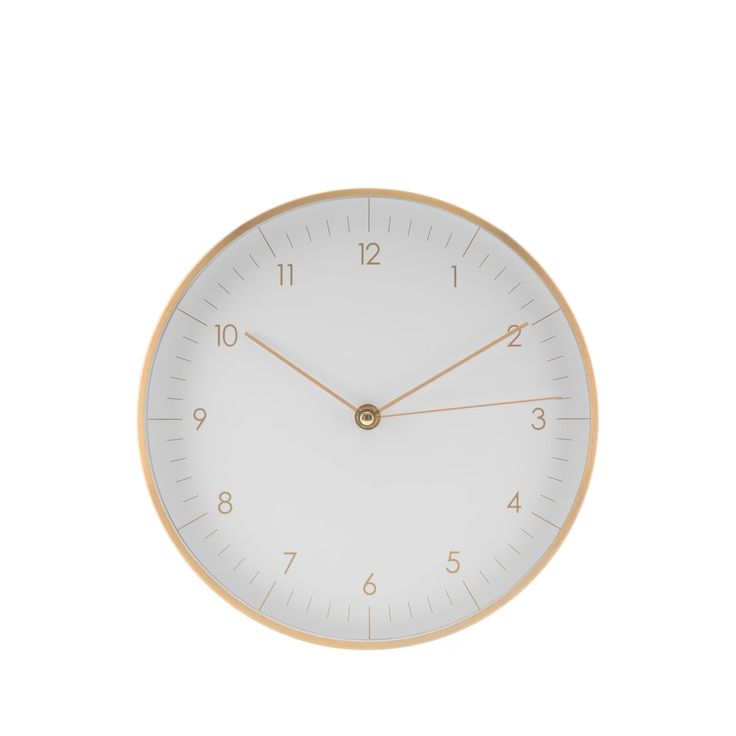 a white clock with gold hands on a white background, showing the time at 11 00