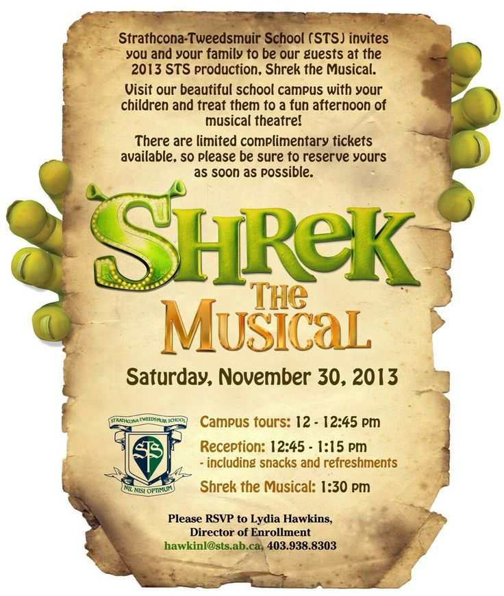 the shrek musical is coming to town on saturday, november 30th at 3 30 pm