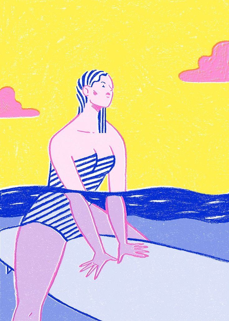 a drawing of a woman sitting on top of a surfboard in the ocean at sunset