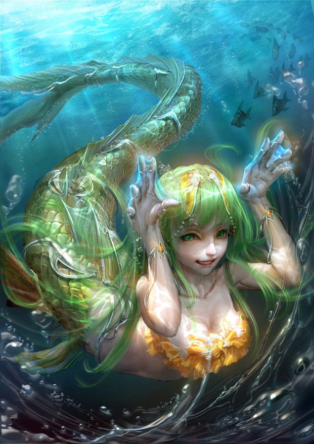 a woman with green hair is floating in the water and holding her hands up to her chest