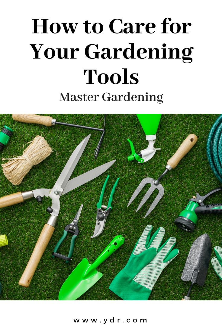 gardening tools laid out on the grass with text overlay how to care for your gardening tools