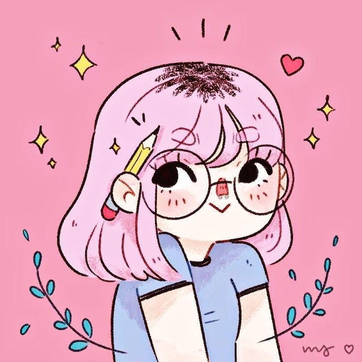 a girl with pink hair and glasses holding a pencil