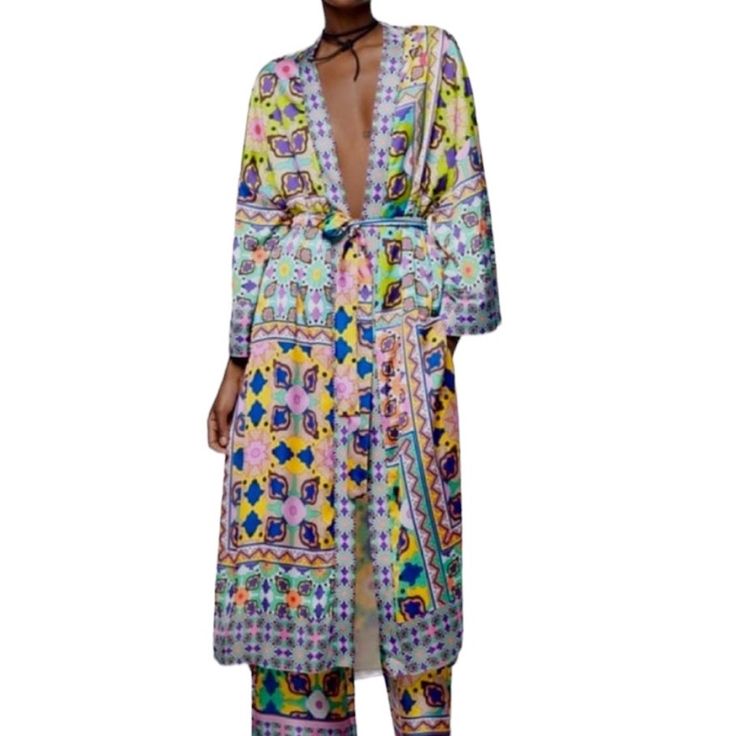 New With The Tags! Gorgeous Zara Printed Satin Belted Long Maxi Kimono Bright Colors Of Purple, Yellow, Pink, Orange, Green, Yellow, White, Aqua Blue, And More! Geometric Print Satin Detachable Sash That Ties At The Waist 3/4 Wide Kimono Sleeves High Side Slits Long Maxi Length Lined 100% Poly Size Large Yellow Printed Vacation Sets, Yellow Bohemian V-neck Kimono, Yellow Floral Print Sets With Long Sleeve, Yellow Floral Print Long Sleeve Sets, Vibrant Multicolor Spring Sets, Zara Multicolor Summer Kimono, Zara Long Sleeve Kimono For Vacation, Zara Long-sleeve Kimono For Vacation, Zara Bohemian Long Sleeve Kimono