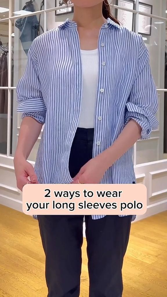 Women Dressing Ideas, Button Up Polo Shirt Outfit Women, Dress With Stripes Outfit Ideas, Dressing Up Ideas For Women, How To Style Long Sleeve Polo Women, Polo Tuck In Outfit Women, How To Style Formal Shirts Women, Dressing Style Ideas For Women, Dressing Trends For Women