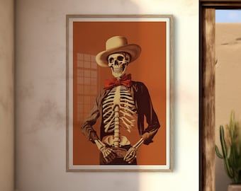 a skeleton wearing a cowboy hat and bow tie in front of a painting on the wall