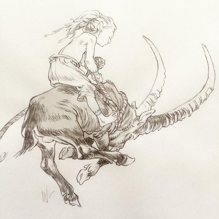 a drawing of a woman riding on the back of a bull with horns and claws