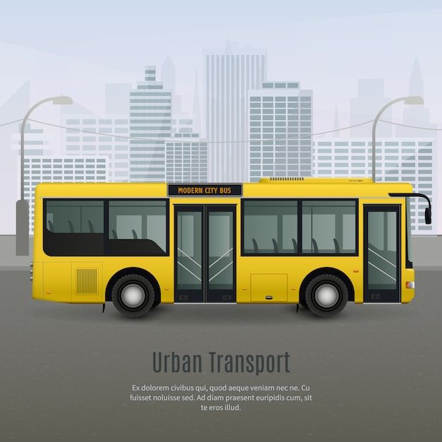 a yellow bus is parked in front of a cityscape