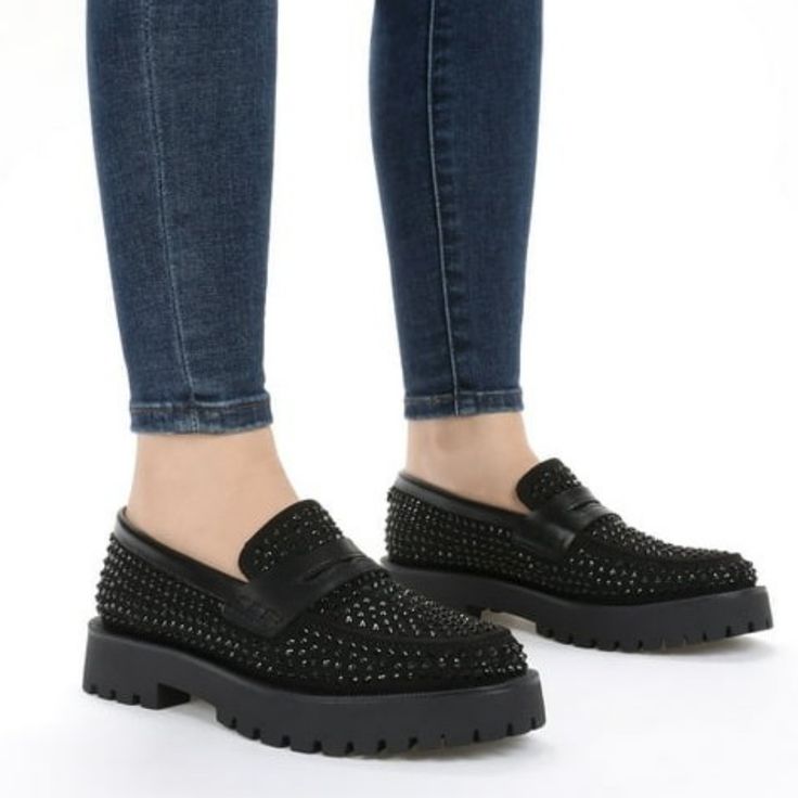 Jeweled Designer Loafers. Casual Platform Loafers For Fall Parties, Casual Party Loafers With Round Toe, Black Slip-ons With Brogue Detailing And Flat Heel, Black Platform Loafers With Flat Heel, Casual Slip-on Loafers For Party, Casual Platform Loafers For Spring Party, Casual Spring Party Platform Loafers, Round Toe Loafers For Party In Fall, Party Loafers With Rubber Sole