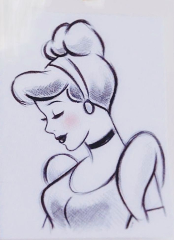 a drawing of a woman with a bun on her head, wearing a dress and earrings