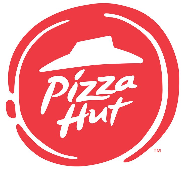 the pizza hut logo is red with white lettering and a hat on it's head