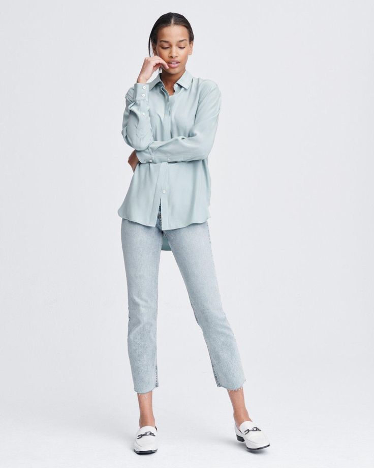 Anderson Women's Button-Down Shirt in Grey Moss | rag & bone Casual Silk Shirt With Buttons, Casual Silk Button-up Shirt, Chic Button-up Rayon Shirt, Silk Button-up Shirt, Silk Button-up Shirt For Daywear, Casual Button-up Silk Blouse, Casual Silk Button-up Blouse, Elegant Rayon Button-up Shirt, Casual Silk Blouse With Button Cuffs