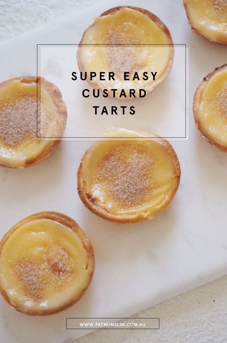 mini custard tarts with powdered sugar on top and the words super easy custard tarts