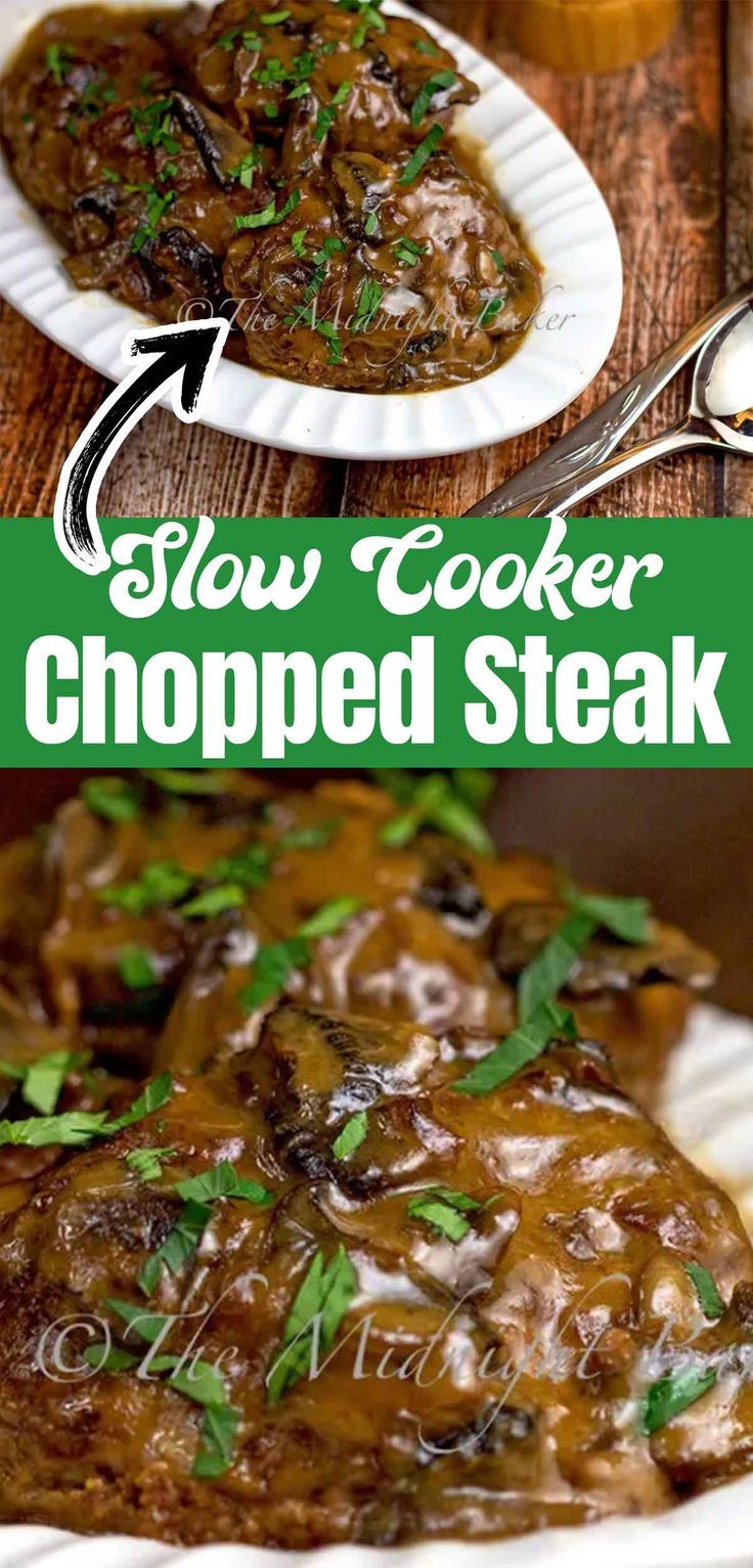 slow cooker chopped steak with mushrooms and gravy on a white paper plate