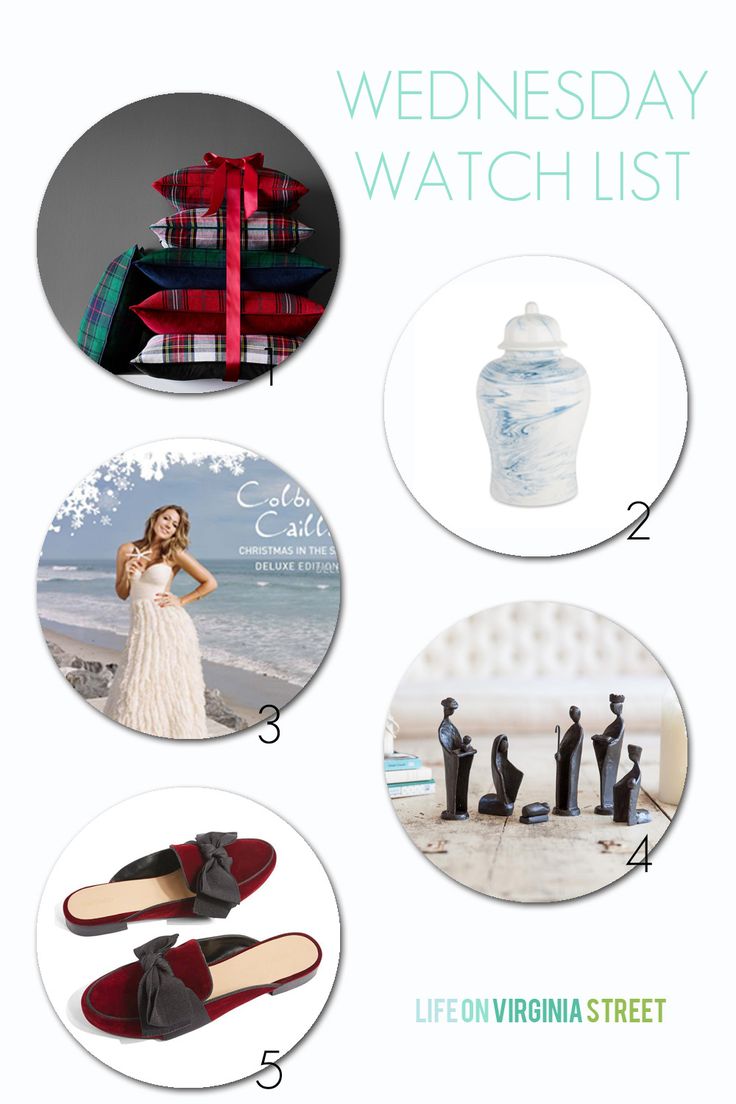 an advertisement for the wednesday watchlist with pictures of shoes, vases and gifts