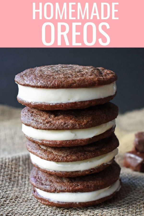 a stack of cookies with cream filling on top and the words homemade oreos with cream filling