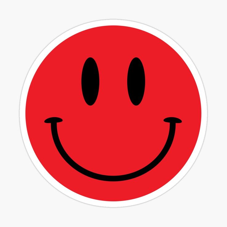 a red smiley face sticker with two eyes and one smile on it's face