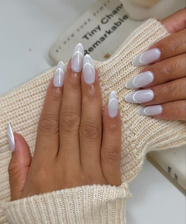 Milky Nails French Tip, Double White French Nails, Milky White Almond Nail Ideas, Milky White Almond Nails With Design, Milky Nails With French Tip, Milky White Nails With Design French, Double French Almond Nails, Milky White French Tip Nails Almond, Milky White Nails With Design Almond