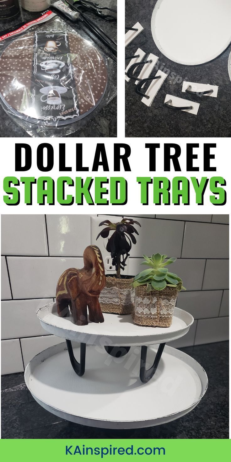 dollar tree stacked trays with plants and other items on them for halloween decorating