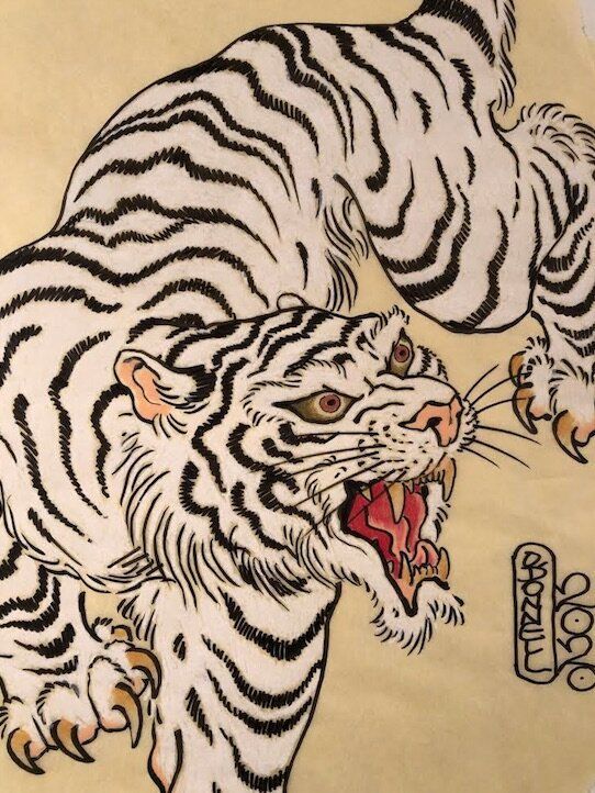 White Tiger Japanese Art, White Tiger Back Tattoo, Japanese Tiger Tattoo Back, Tradition Japanese Art, White Tiger Tattoo Design, Tiger Pattern Tattoo, Japanese Print Art, Tiger Tattoo Aesthetic, White Tiger Art Illustration