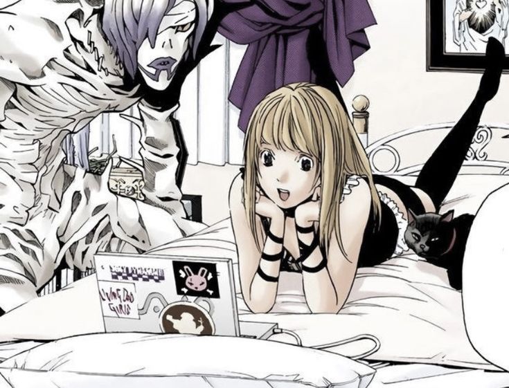 two anime characters laying on a bed in front of a laptop computer, with one woman looking at the screen