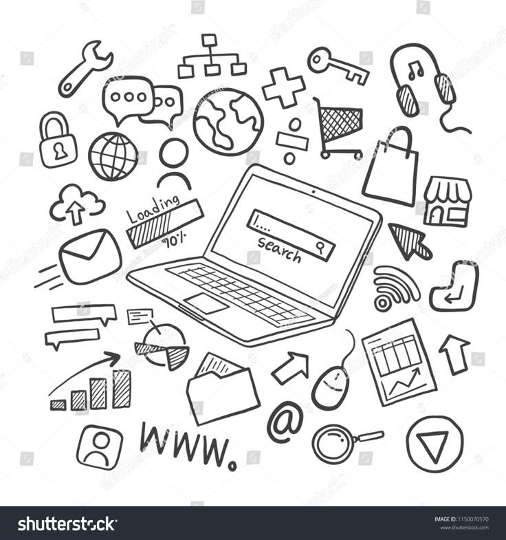 hand drawn doodles on the theme of internet and social media, with icons such as