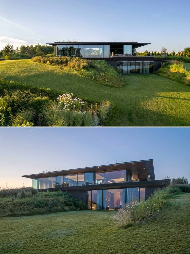 two photos side by side of a house with grass on the ground and in front of it