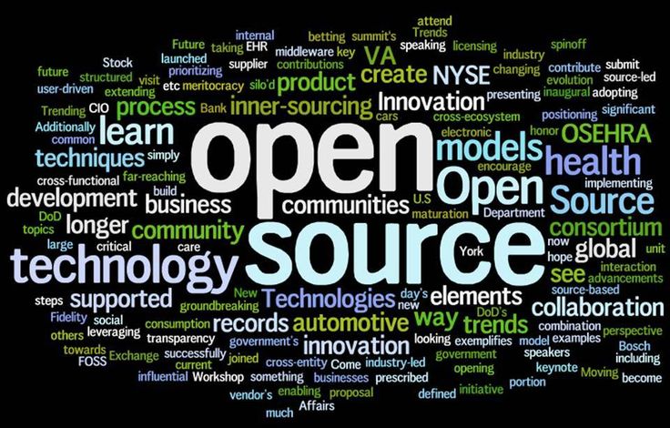 an open source word cloud on a black background