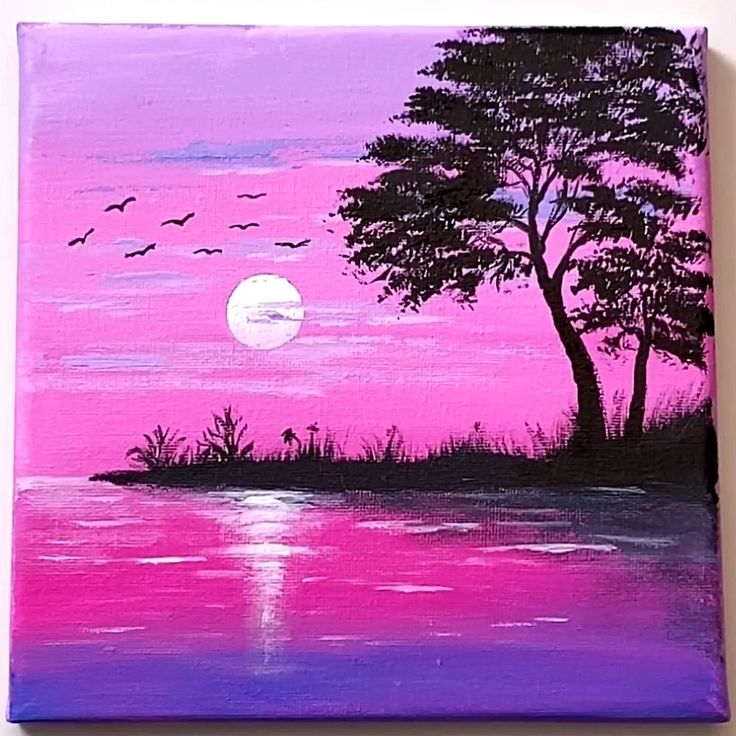 a painting of a pink sunset with birds flying over the water and trees in the foreground