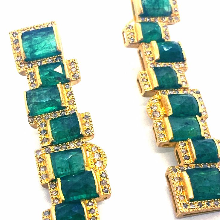 Mosaic 20k gold Emerald earrings with diamonds. Emeralds 15.86cts, Diamonds 1.4cts. Luxury Emerald Earrings With Diamond Accents, Luxury Emerald Diamond Earrings, Luxury Hand Set Diamond Drop Earrings, Luxury Hand Set Earrings For Evening, Luxury Hand-set Earrings For Evening, Luxury Cubic Zirconia Earrings With Single Cut Diamonds, Luxury Earrings With Single Cut Diamonds And Cubic Zirconia, Luxury Yellow Gold Diamond Earrings With Gemstones, Luxury Emerald Drop Earrings