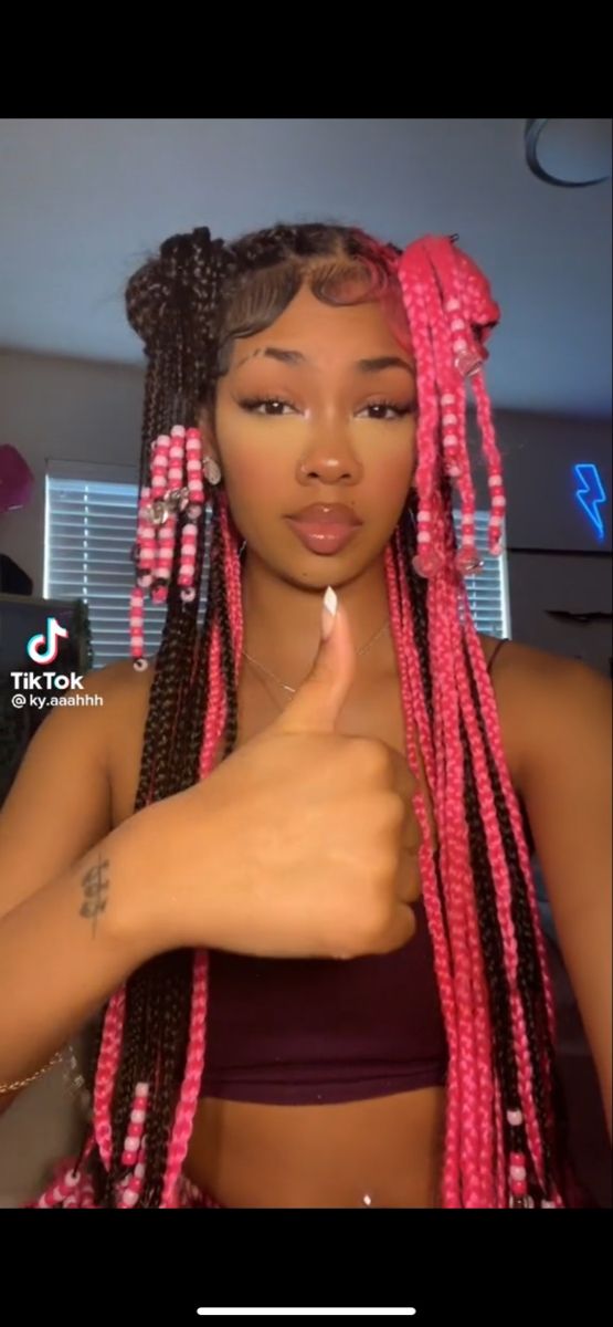 Barbie Hairstyles With Braids, Pink Black Box Braids, Protective Hairstyles Color, Blonde Pink Braids Black Women, Half Pink Half Black Braids, How To Style Long Braids With Beads, Pink Braided Hairstyles For Black Women, Half Pink Half Black Hair Box Braids, Protective Hairstyles With Beads