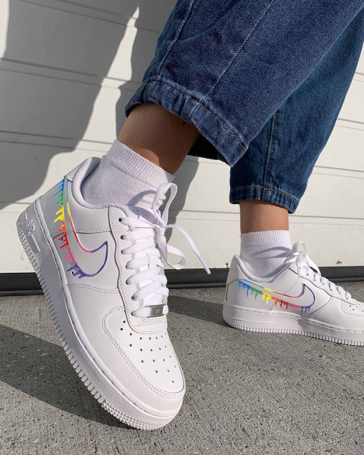 Custom Nike Rainbow Swoosh AF1 Shoes Air Force 1 Hand Painted Sneakers Gift For Kid's Men's Women's I custom make each pair by hand with love and care. Each pair is an Authentic Nike purchased from the store A unique gift for your friends and family members. If you want to change other colors, we also can help you do that we can not promise any arrival time but will try our best to ship it faster. We can customize various styles and colors of shoes according to your individual needs, you can con Wallpaper Nike, Tenis Air Force, Nike Air Force 1 Outfit, Af1 Shoes, Sneaker Nike, Nike Shoes Air Force, White Nike Shoes, Jordan Shoes Girls, Nike Air Shoes