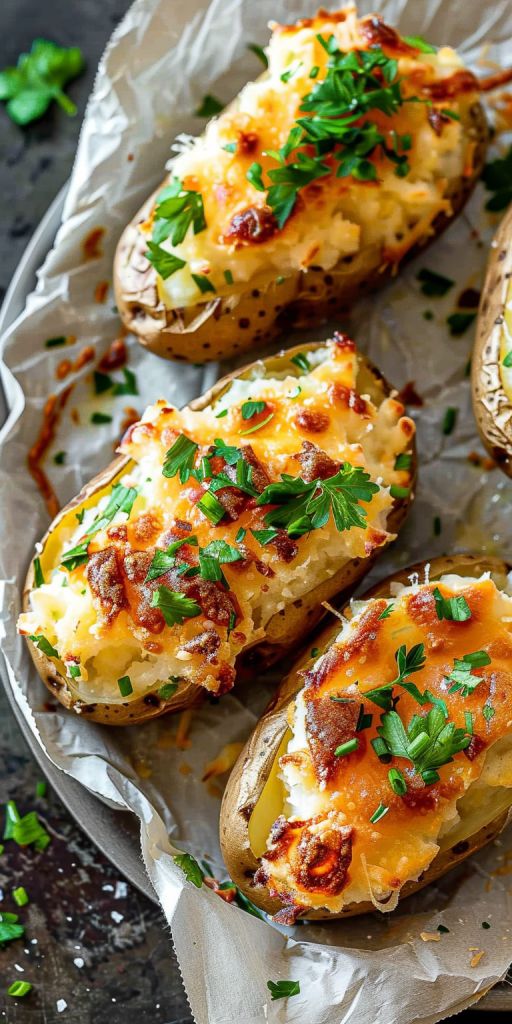 baked potatoes with cheese and parsley on top