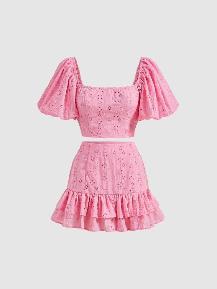 Pink Boho Collar Short Sleeve  Plain  Embellished Non-Stretch Summer Women Clothing Pink One Piece Dress, Casual Pink Outfits, Outfit Rosa, Sweet Clothes, Puff Sleeve Crop Top, Rose Bonbon, Pink Boho, Pink Outfits, Dress For Short Women