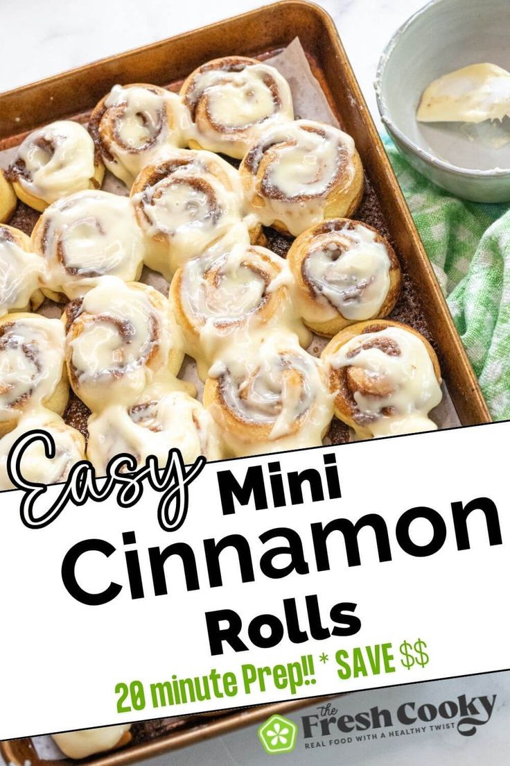 easy mini cinnamon rolls in a baking pan with text overlay