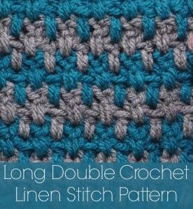 the long double crochet linen stitch pattern is shown in blue and gray