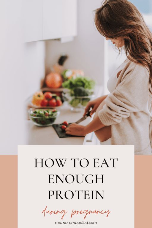 a woman cutting vegetables in the kitchen with text overlay that reads how to eat enough protein during pregnancy