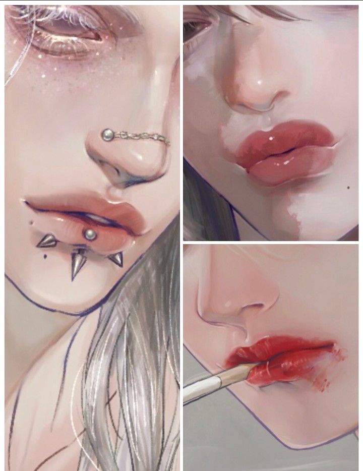 four different pictures of the same woman's lips and nose with piercings on them