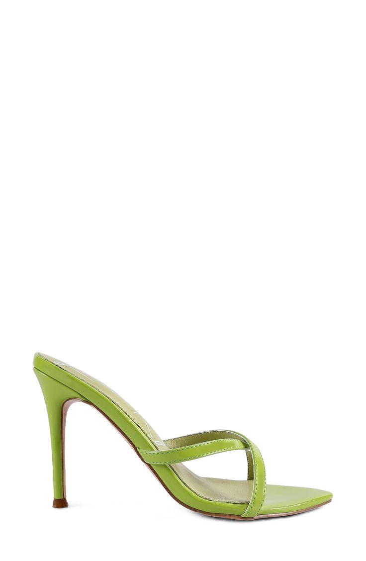 Step out in this mesmorizing stiletto sandal fronted by a pointed toe pad and topped with glossy straps. 4" heel Synthetic upper, lining and sole Imported Leather Toe Post Heels For Party, Fitted Heels With Padded Heel And Toe Post, Fitted Toe Post Heels With Padded Heel, Sleek Toe Post Heels For Evening, Trendy Green Heels With Single Toe Strap, Fitted Toe Post Heels With Wrapped Heel, Chic Fitted Toe Post Heels, Sleek Heels With Heel Strap And Toe Post, Fitted Toe Post Heels For Night Out