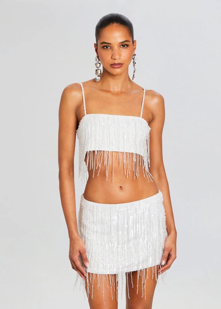 white sequin top, white crop top, sequin top, sequin crop top, sequin fringe top, white sequin fringe top, embellished top, beaded top,  statement top, Celebrity style, classy matching set, party outfit for women, party matching set, night out outfit, night out top, glam outfit, luxe fashion, bridal matching set, engagement party outfit, engagement matching set, wedding matching set, bachelorette outfit, bachelorette trip outfit, bachelorette trip matching set, , graduation outfit, grad outfit Glamorous Sleeveless Summer Sets, Glamorous Summer Sleeveless Set, White Sequined Party Set, Summer Evening Embellished Sets, Embellished Evening Sets For Summer, White Glamorous Evening Sets, Glamorous White Evening Sets, White Mini Length Party Set, Summer Night Out Sequined Sets