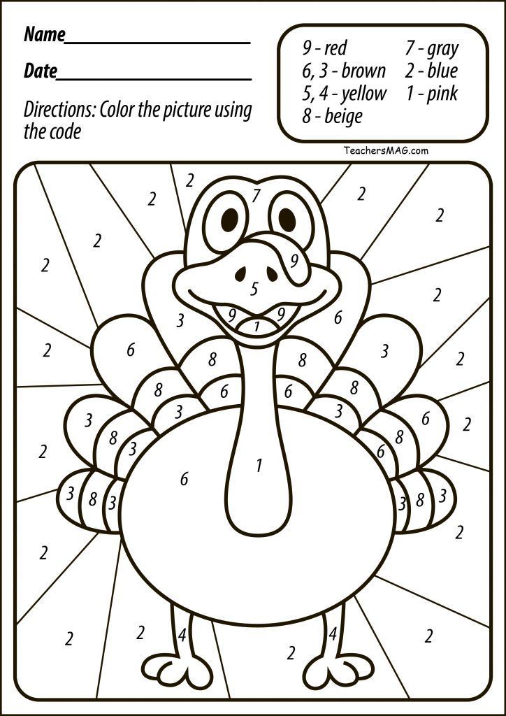 a coloring page with a cartoon turkey for kids to color and numbers on the pages