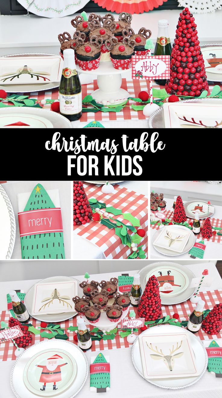 christmas table for kids with red and green decorations