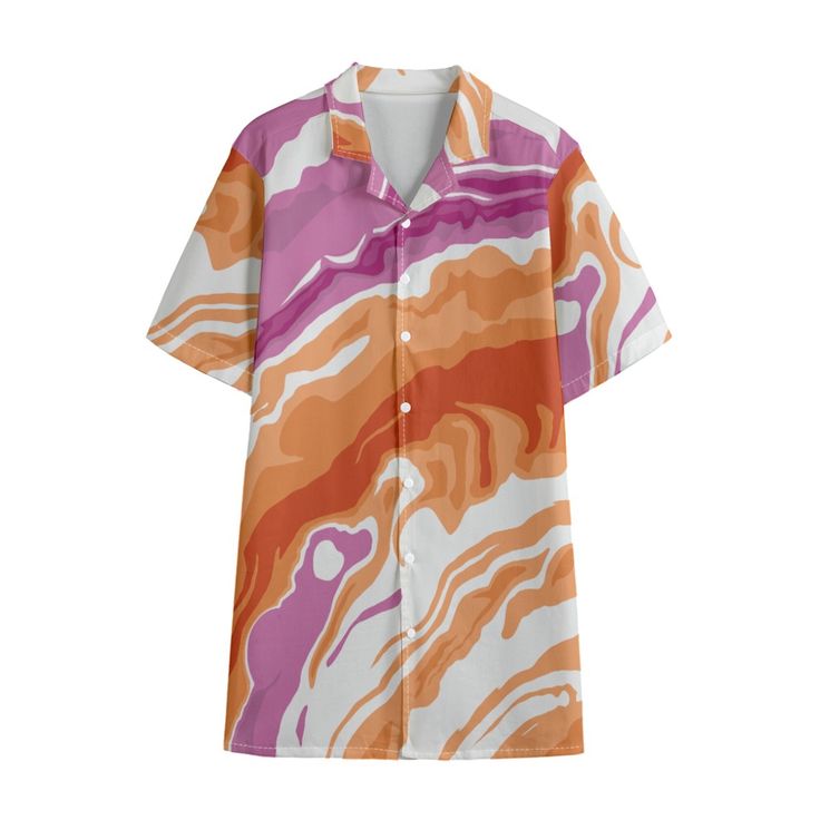 Lesbian Pride Hawaiian shirt - 98% cotton, 2% Spandex. Comfortable and skin-friendly, soft and breathable. Classic Hawaiian shirt, Roman collar, comfortable and breathable lightweight fabric providing a cool and pleasant wearing experience during a hot summer. Perfect for daily wear. Sizes XS to 6XL Design based on the Lesbian Pride flag. Color design created using poured paint in Agate pattern. Perfect gift for Lesbians, Sapphics, WLW, GLG and LGBTIQ+. Ideal gift for a friend or relative identi Multicolor Collared T-shirt With Relaxed Fit, Multicolor Relaxed Fit Collared T-shirt, Multicolor Relaxed Fit Camp Shirt, Orange Graphic Print Collared Tops, Fitted Multicolor Graphic Print Camp Shirt, Fitted Multicolor Camp Shirt With Graphic Print, Summer Graphic Print Loungewear Shirt, Summer Graphic Print Shirt For Loungewear, Pink Tops With All Over Print In Relaxed Fit