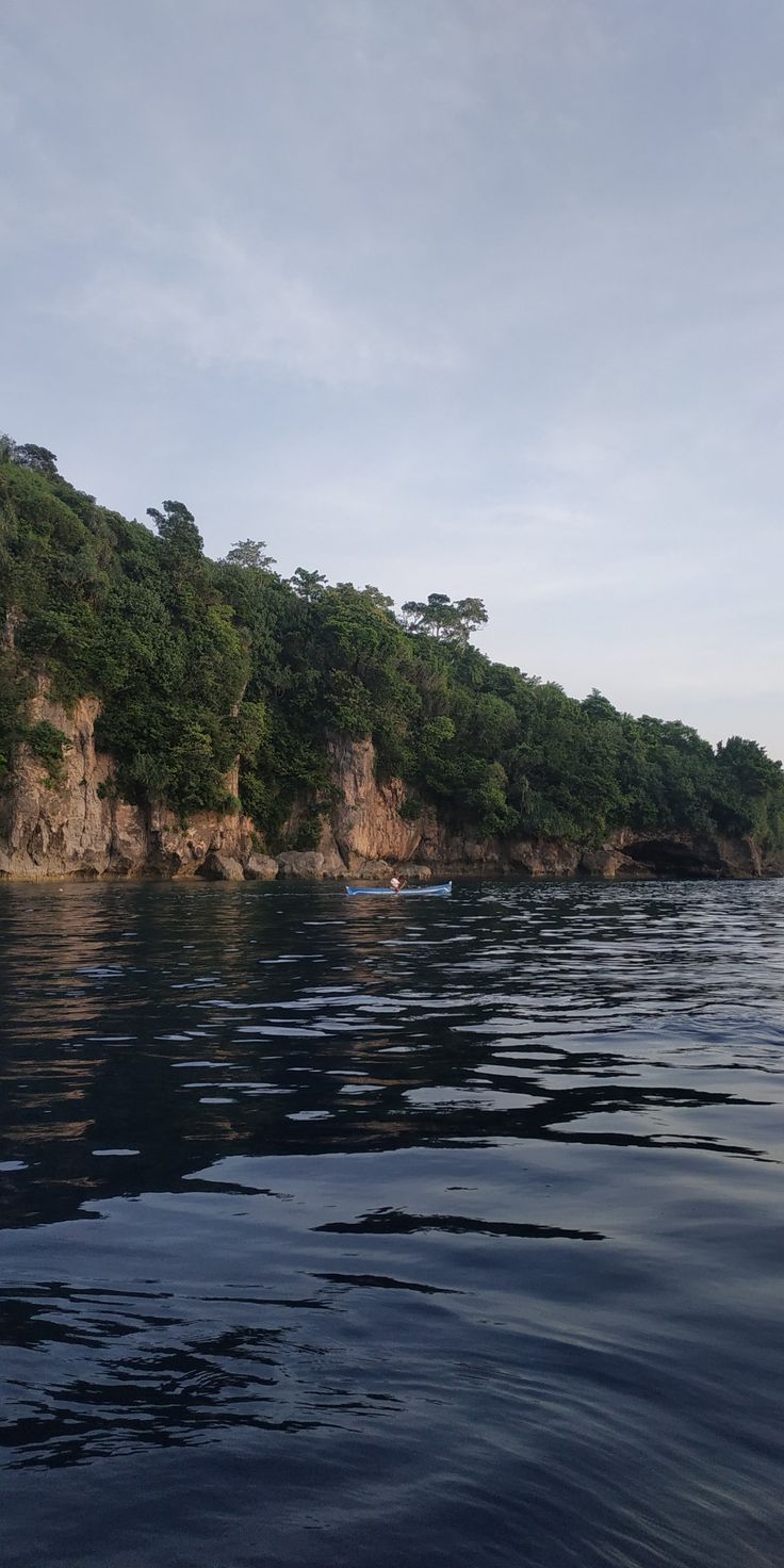 a body of water with trees on the side of it and cliffs in the background