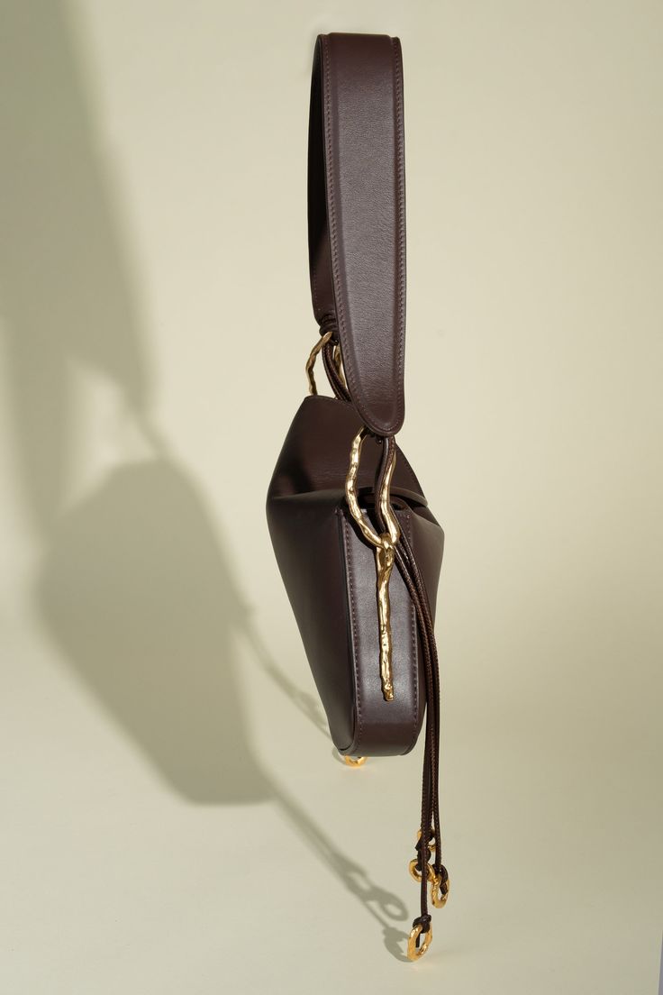 Deià Handmade Nappa Leather Shoulder bag with Hanging Organic Rings Organic Gold Ring, Chocolate Shoes, Hourglass Silhouette, Organic Rings, Leather Pocket, Shoes Outfit, Ring Bag, Aging Beautifully, Nappa Leather