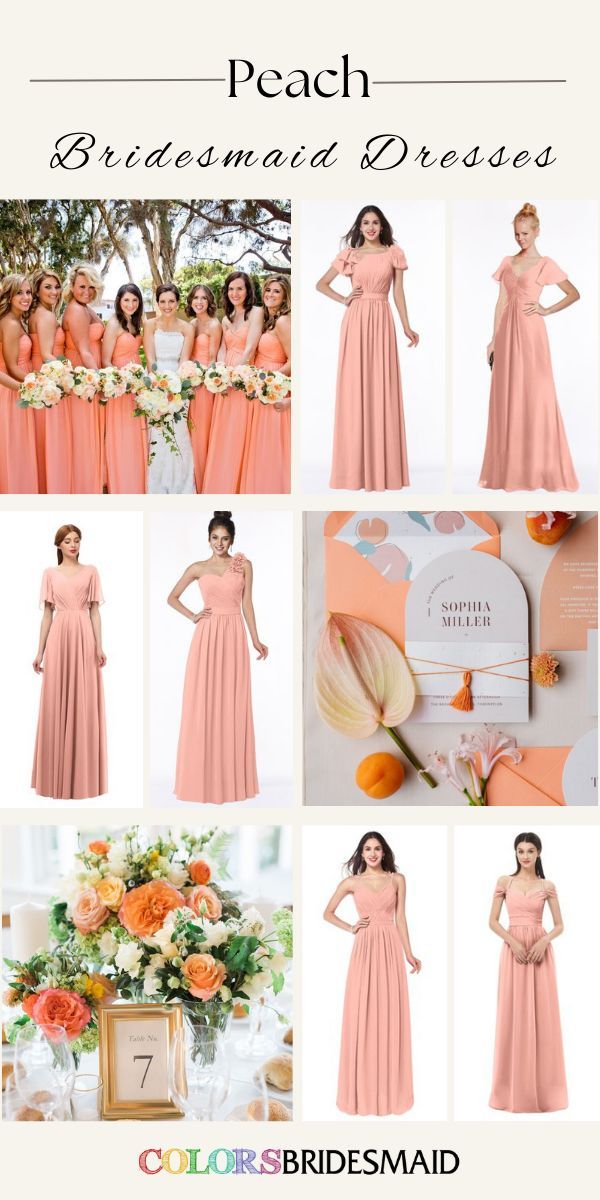 peach colored bridesmaid dresses and bouquets