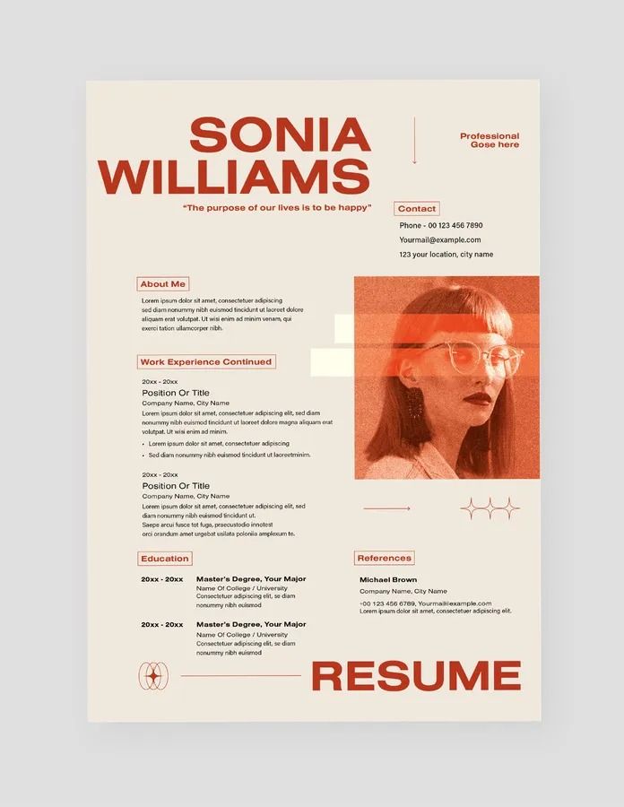 a resume template with an image of a woman's face in red and white