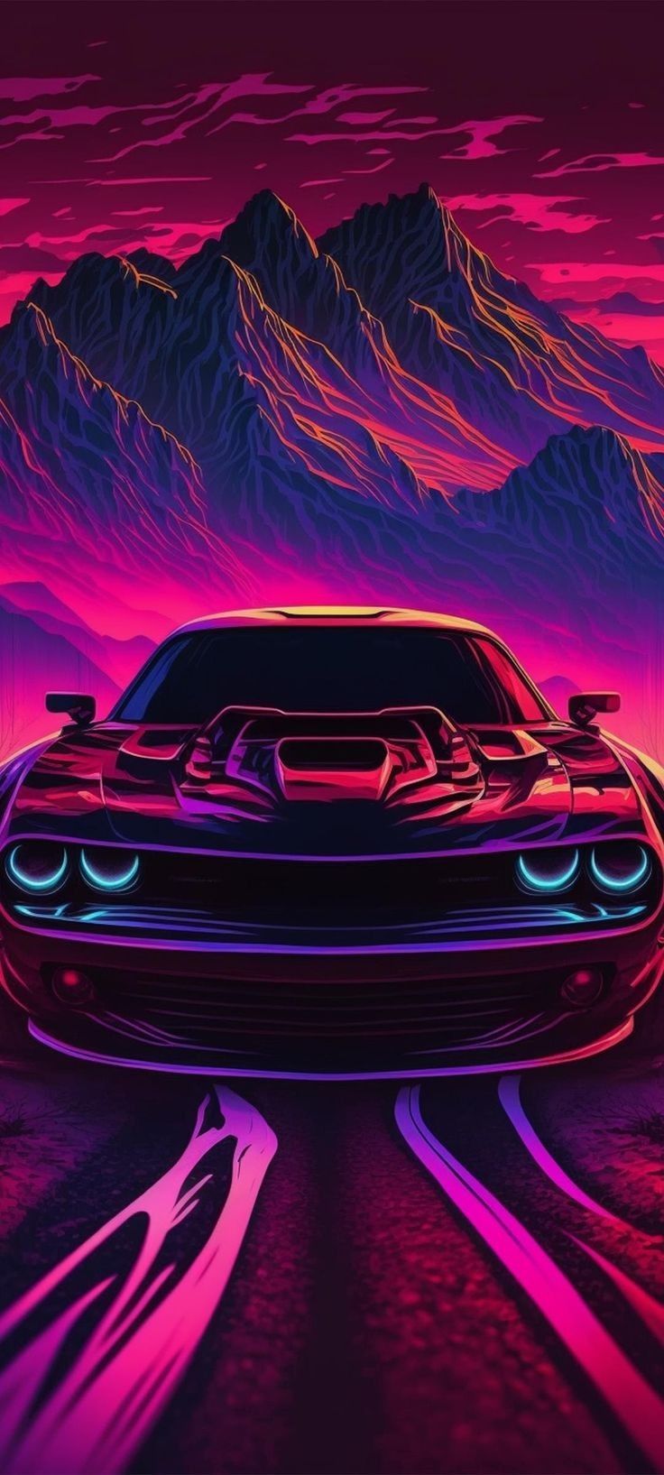 a car is driving down the road with mountains in the back ground and purple lights on it